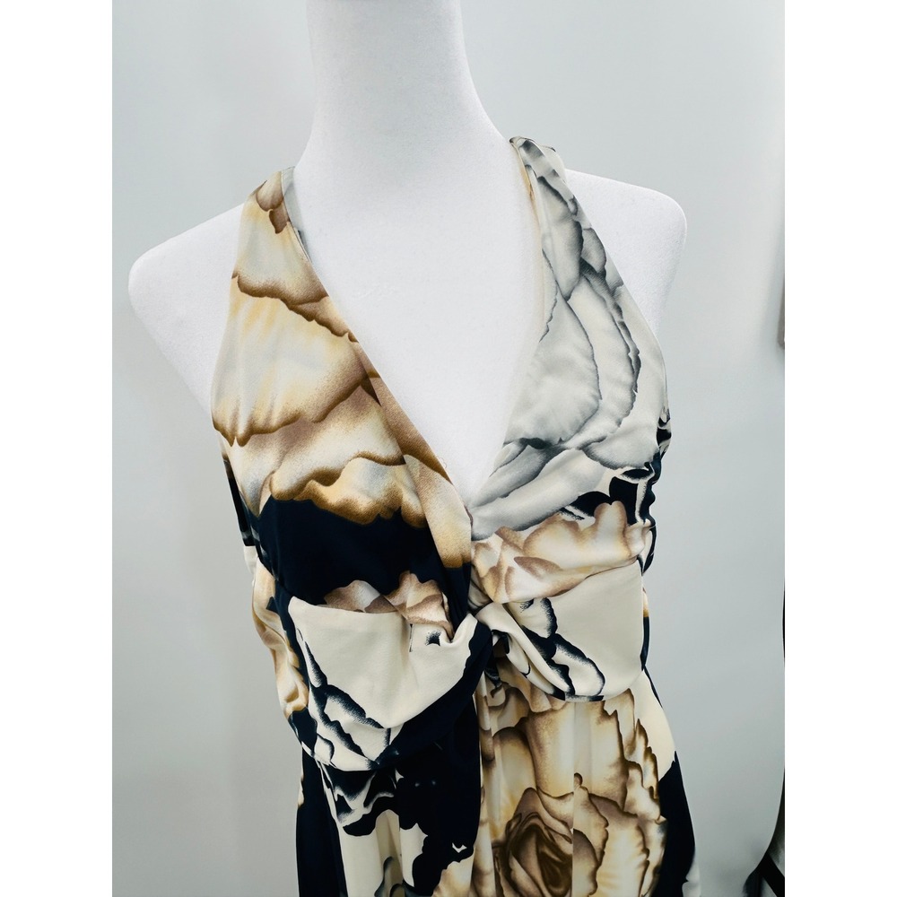 Newport News Halter Maxi Dress L Floral Beige Black Stretch Boho Coastal Chic - Picture 5 of 10